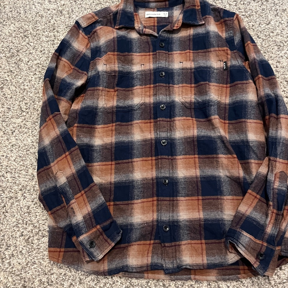 A&F Boy’s Flannel Plaid Shirt - Navy and Brown- 13/14